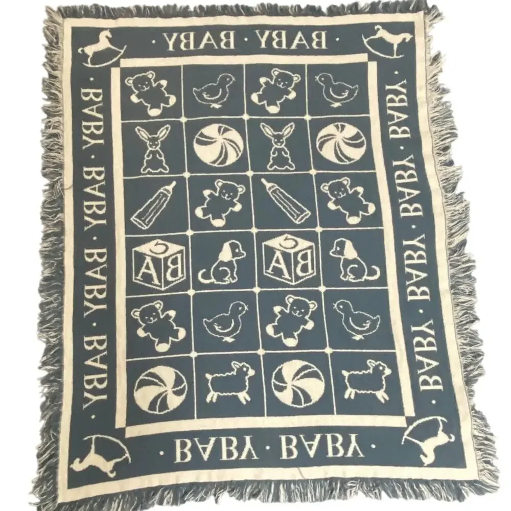 Vintage Baby Throw Blanket Afghan Alphabet Block TeddyBear Duck Animal Fringe
